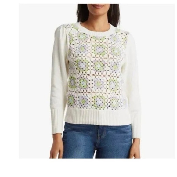 Design History Crochet Puff Sleeve Cotton Sweater Size large NWT Granny Square - Picture 1 of 10
